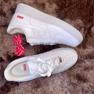 Supreme Nike Air Force 1 White Sneakers with Red Accents